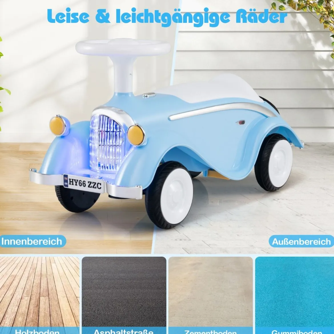 Rutschauto klassisches Fuß-zu-Boden Rutschfahrzeug mit Lenkrad Hupe LED-Scheinwerfer Blau/Dunkelblau/Rot