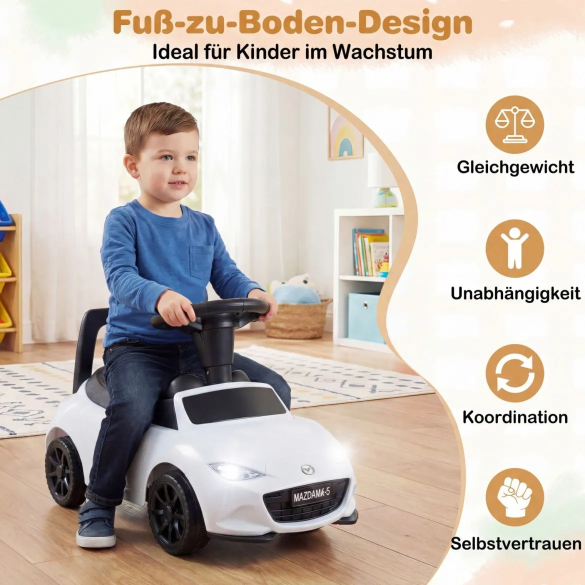 Rutschauto mit Licht & Kippschutz & Stauraum unter dem Sitz Rutschfahrzeug Kinderfahrzeug Weiß