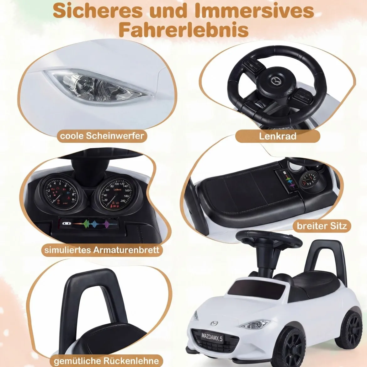 Rutschauto mit Licht & Kippschutz & Stauraum unter dem Sitz Rutschfahrzeug Kinderfahrzeug Weiß