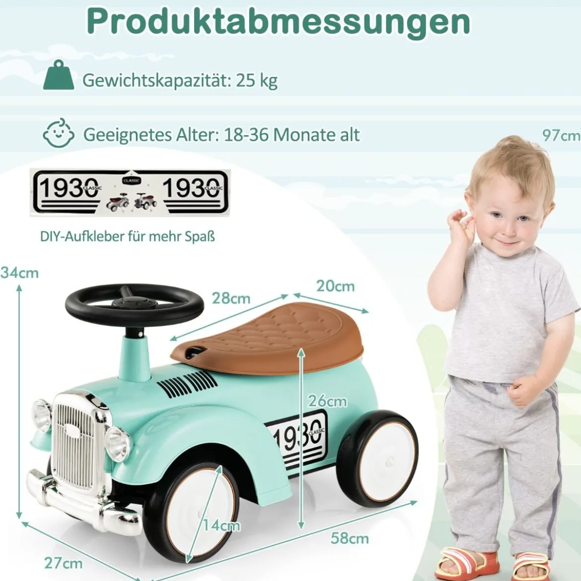 Rutschauto Rutscherfahrzeug mit Stauraum & Kippschutz Kinderfahrzeug mit Lenkrad 58 x 27 x 34 cm Grün