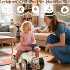 Rutschauto Rutschfahrzeug mit Lenkrad & Zugpfeifton-Taste & Stauraum unter Sitz Rutscher Kinderauto 61 x 30 x 38 cm Beige