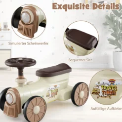 Rutschauto Rutschfahrzeug mit Lenkrad & Zugpfeifton-Taste & Stauraum unter Sitz Rutscher Kinderauto 61 x 30 x 38 cm Beige