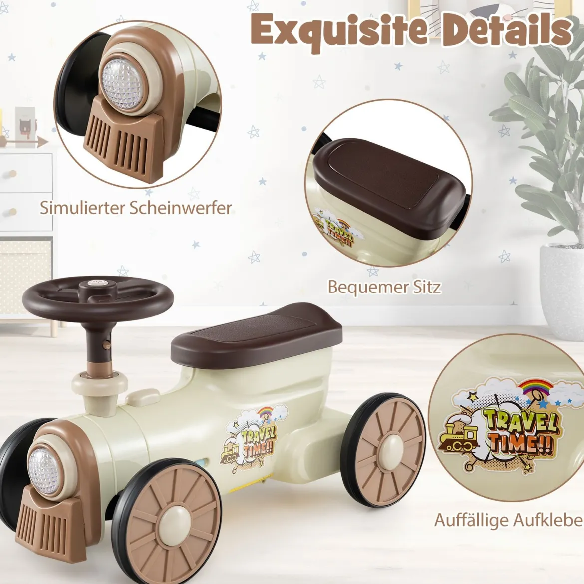 Rutschauto Rutschfahrzeug mit Lenkrad & Zugpfeifton-Taste & Stauraum unter Sitz Rutscher Kinderauto 61 x 30 x 38 cm Beige