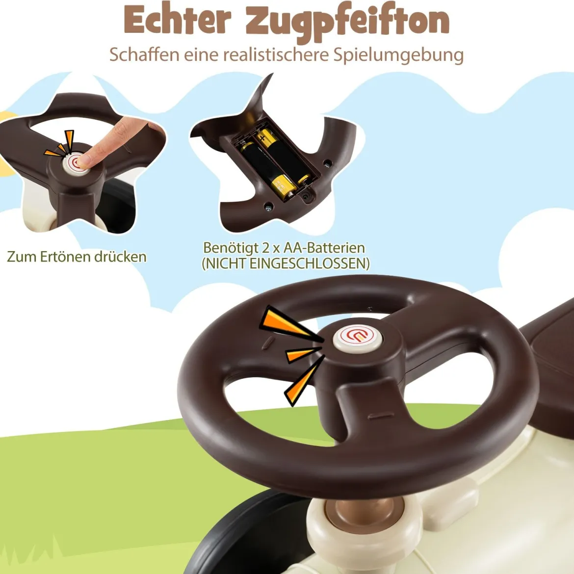Rutschauto Rutschfahrzeug mit Lenkrad & Zugpfeifton-Taste & Stauraum unter Sitz Rutscher Kinderauto 61 x 30 x 38 cm Beige