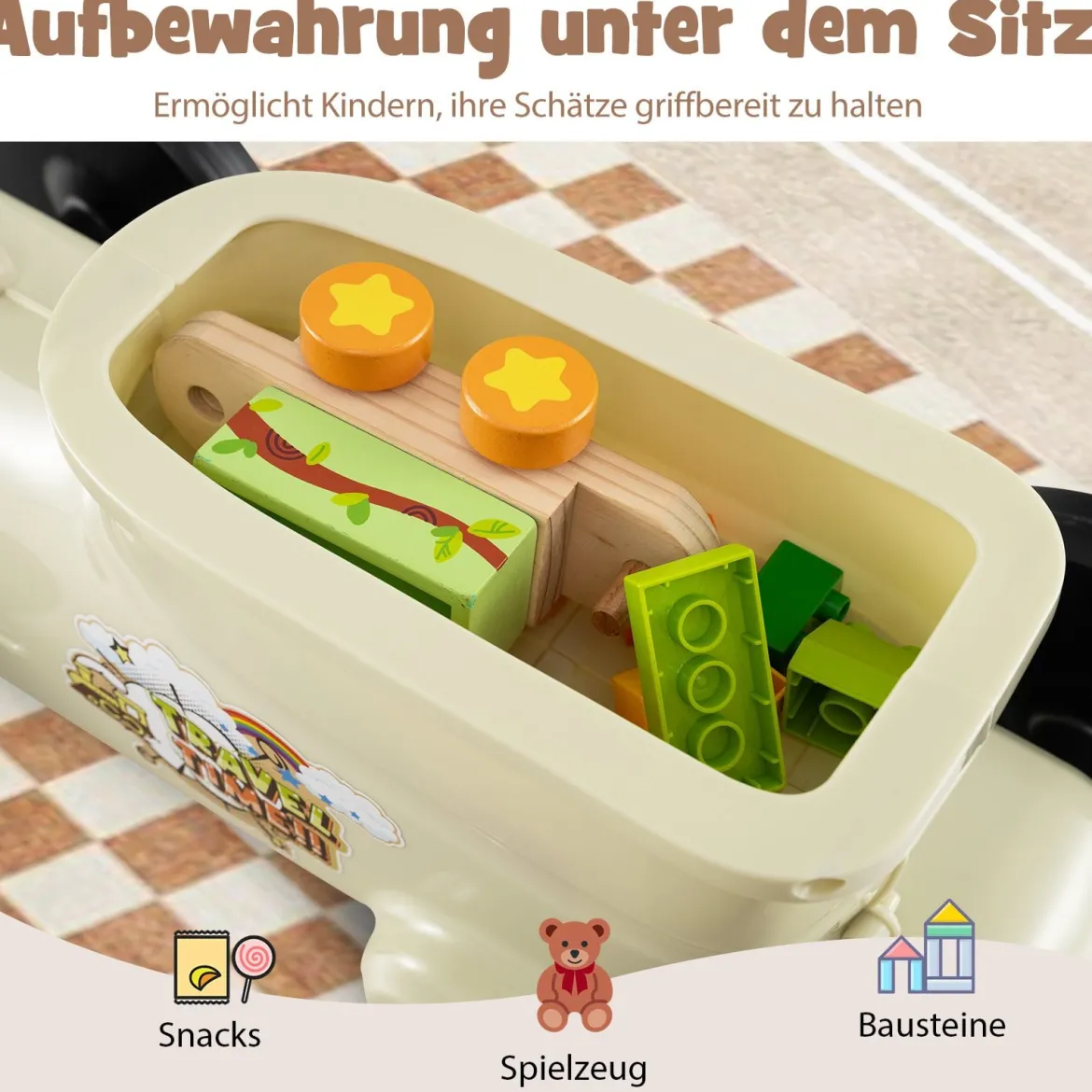 Rutschauto Rutschfahrzeug mit Lenkrad & Zugpfeifton-Taste & Stauraum unter Sitz Rutscher Kinderauto 61 x 30 x 38 cm Beige