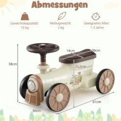 Rutschauto Rutschfahrzeug mit Lenkrad & Zugpfeifton-Taste & Stauraum unter Sitz Rutscher Kinderauto 61 x 30 x 38 cm Beige