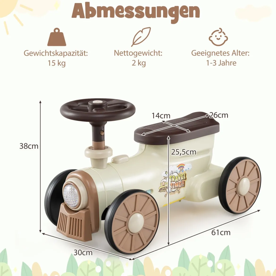 Rutschauto Rutschfahrzeug mit Lenkrad & Zugpfeifton-Taste & Stauraum unter Sitz Rutscher Kinderauto 61 x 30 x 38 cm Beige