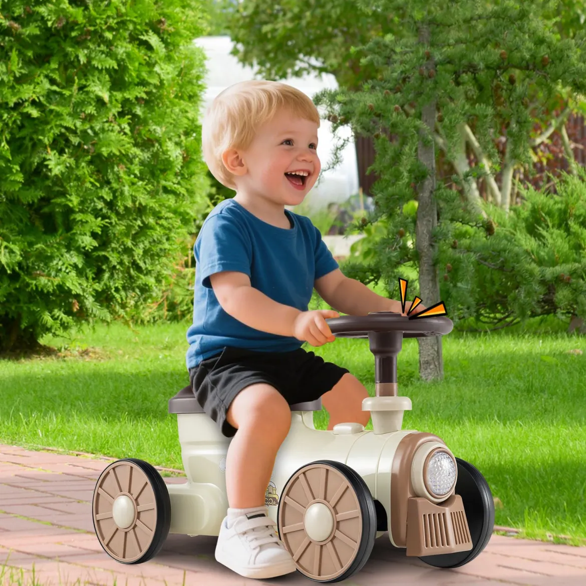 Rutschauto Rutschfahrzeug mit Lenkrad & Zugpfeifton-Taste & Stauraum unter Sitz Rutscher Kinderauto 61 x 30 x 38 cm Beige