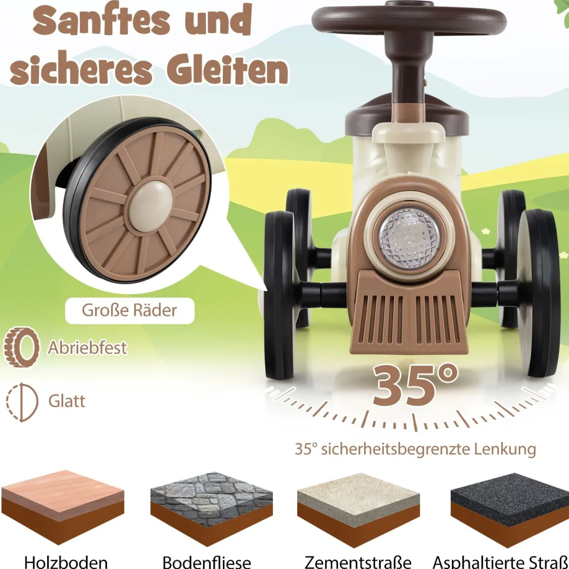 Rutschauto Rutschfahrzeug mit Lenkrad & Zugpfeifton-Taste & Stauraum unter Sitz Rutscher Kinderauto 61 x 30 x 38 cm Beige