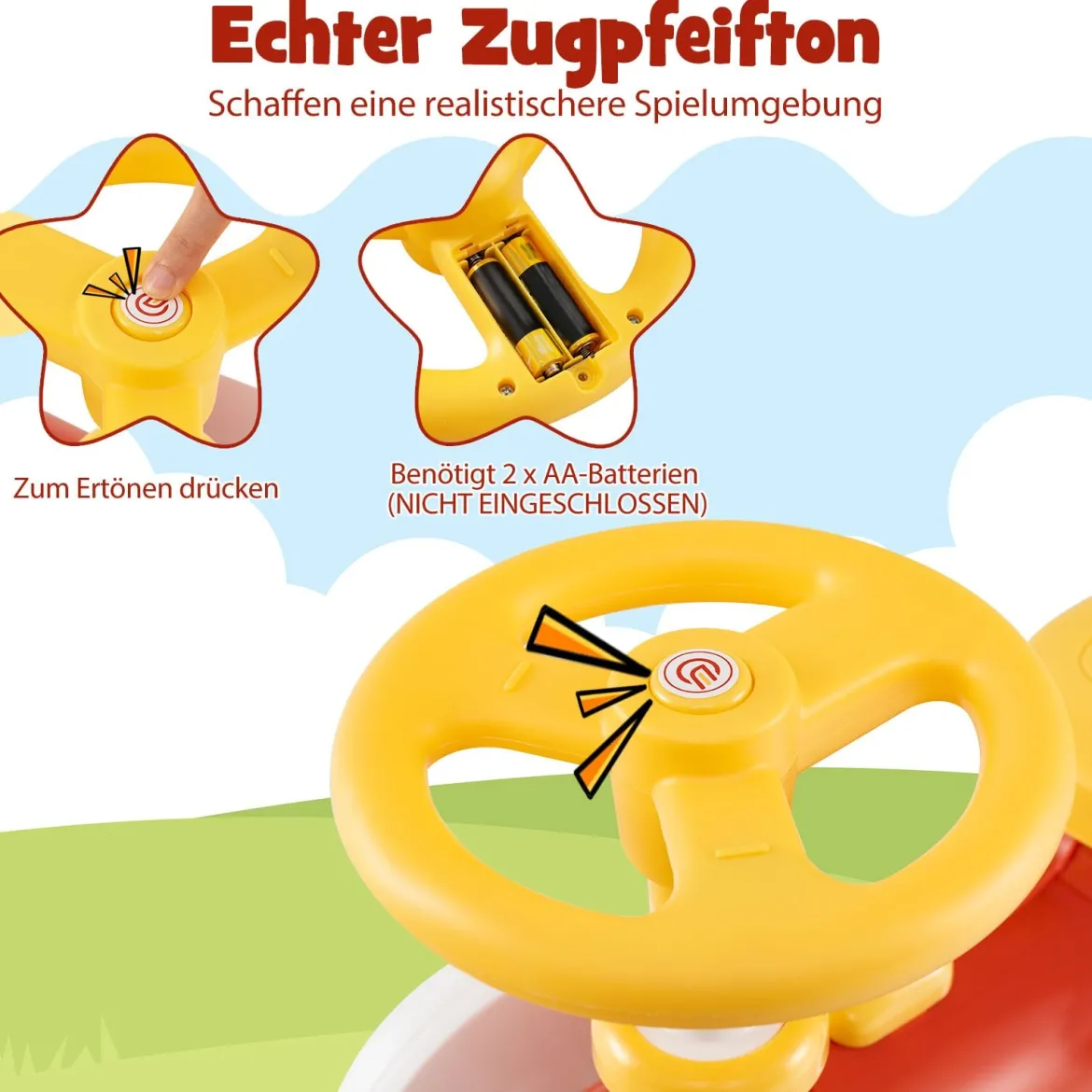 Rutschauto Rutschfahrzeug mit Lenkrad & Zugpfeifton-Taste & Stauraum unter Sitz Rutscher Kinderauto 61 x 30 x 38 cm Rot