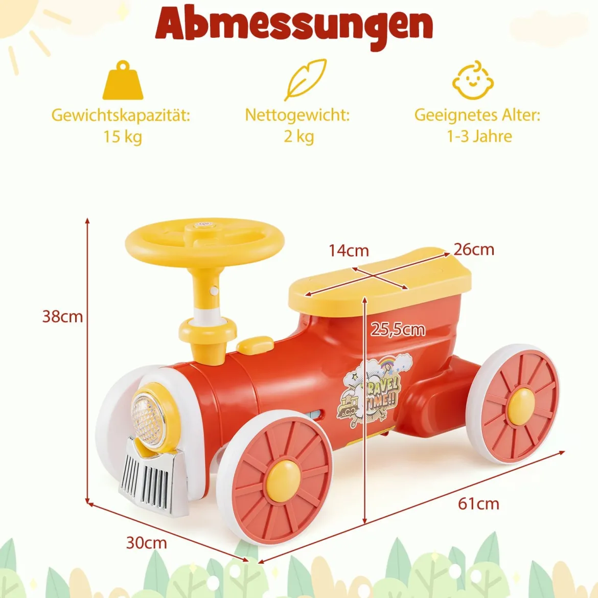 Rutschauto Rutschfahrzeug mit Lenkrad & Zugpfeifton-Taste & Stauraum unter Sitz Rutscher Kinderauto 61 x 30 x 38 cm Rot