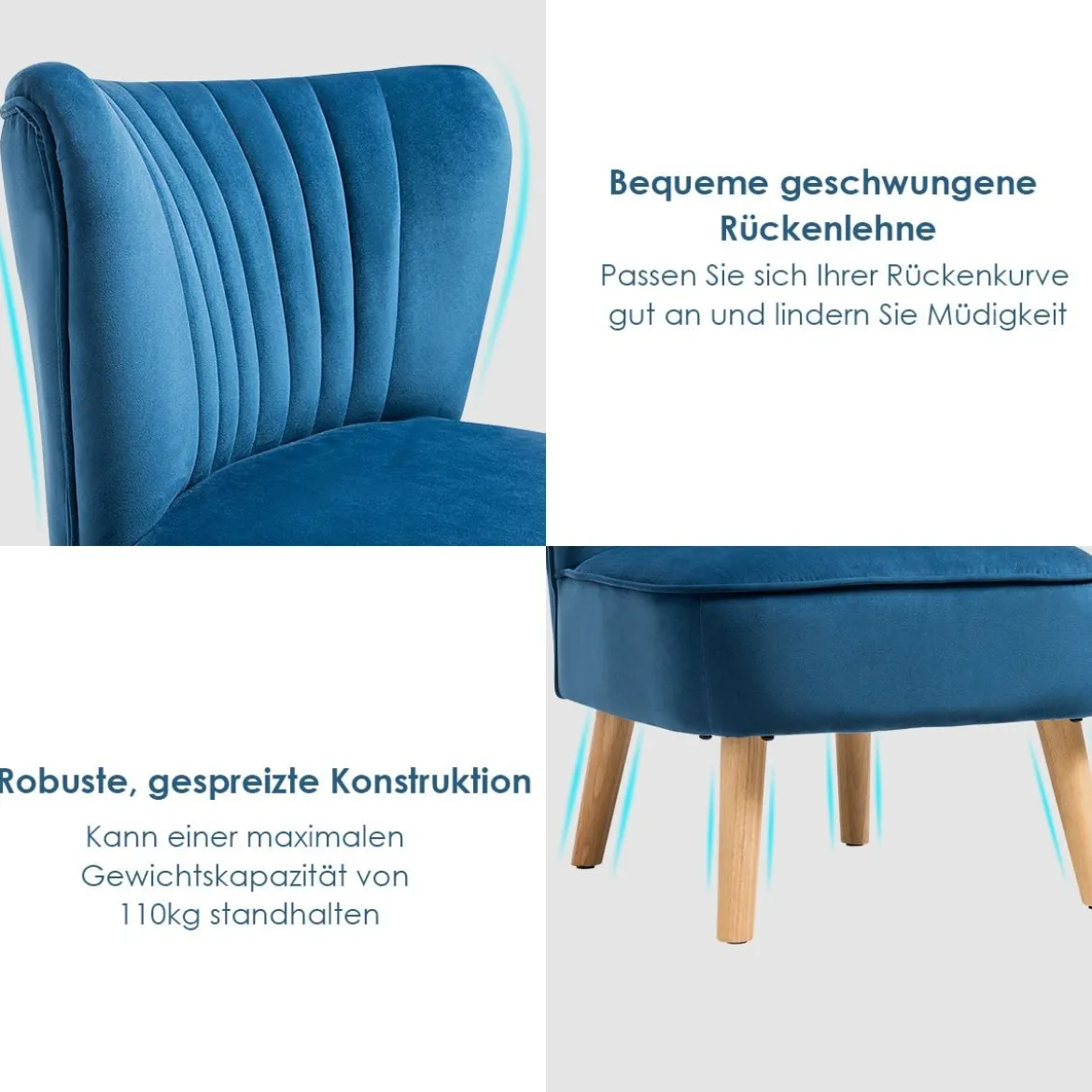 Samt-Akzentstuhl elegantes Design elegantes Design 55 x 70 x 77,5 cm Blau