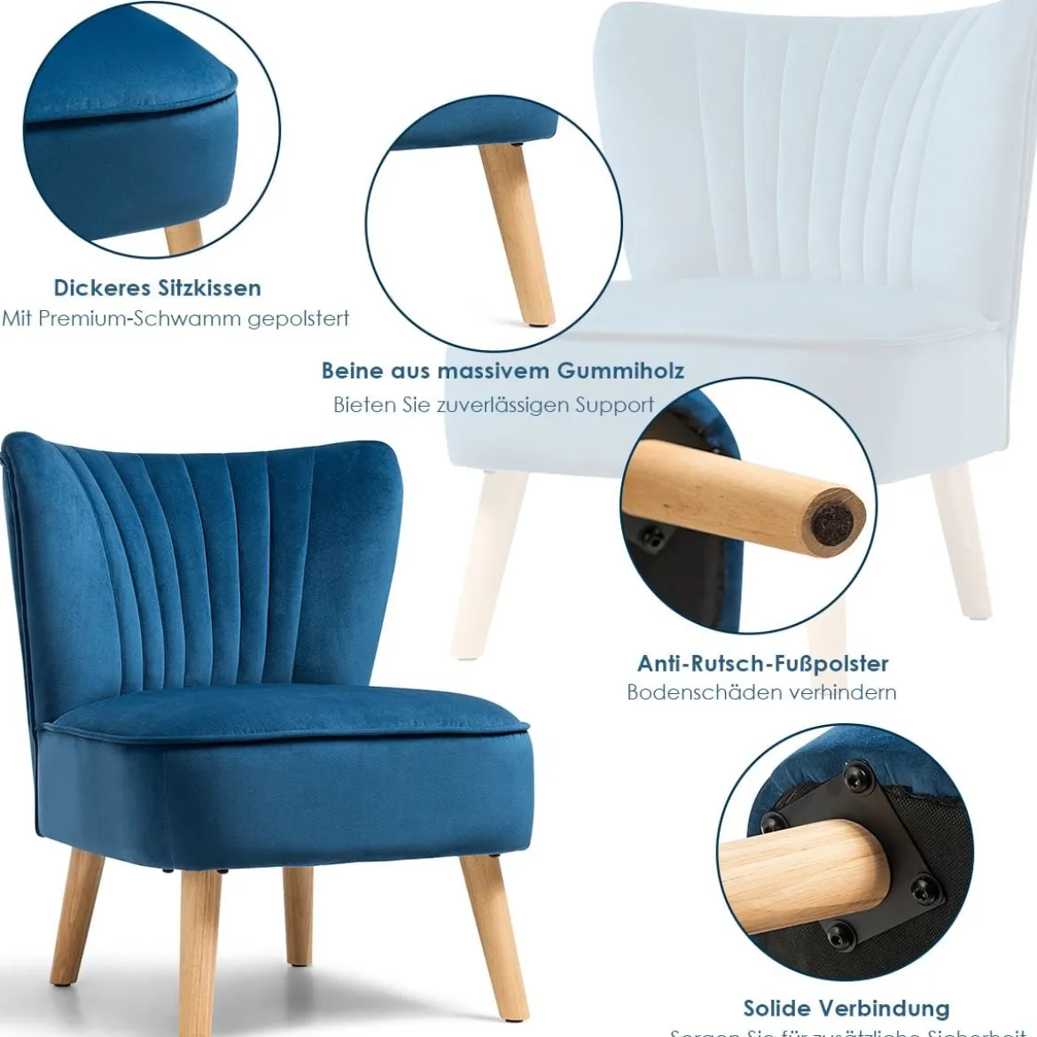 Samt-Akzentstuhl elegantes Design elegantes Design 55 x 70 x 77,5 cm Blau