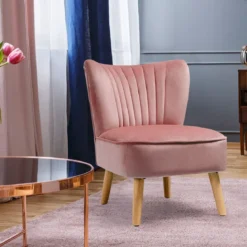 Samt-Akzentstuhl mit Massivholzbeinen dick gepolsterter Sitz 55 x 70 x 77,5 cm Rosa