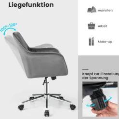 Samtstuhl mit 5 Rollen ergonomischer Rückenlehne und Armlehnen moderner Schminkstuhl Grau