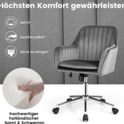 Samtstuhl mit 5 Rollen ergonomischer Rückenlehne und Armlehnen moderner Schminkstuhl Grau