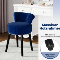 Samt-Vanity-Stuhl mit Lehne gepolsterter Vanity-Hocker mit tief getufteter Rückenlehne und massiven Holzbeinen Blau