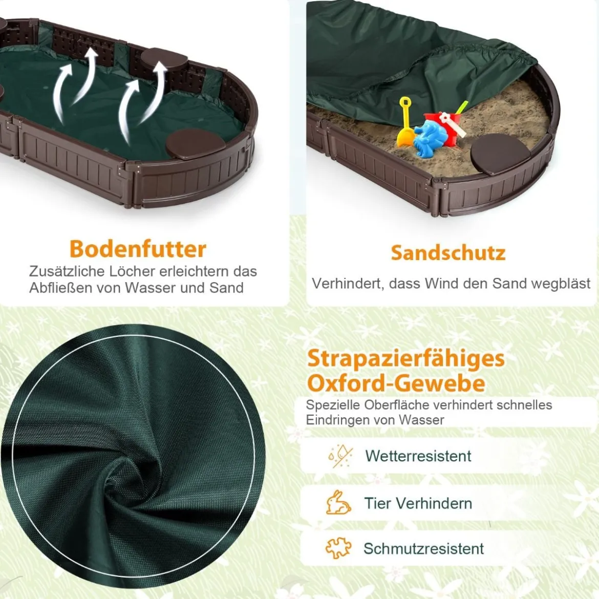 Sandbox Sandkasten mit Wasserdichter Abdeckung 183 x 105 x 21 cm Braun