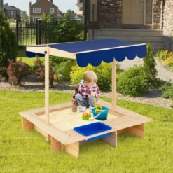Sandkasten für Kinder im Freien Überdachter Sandkasten 115 x 115 x 121 cm Natur + Blau