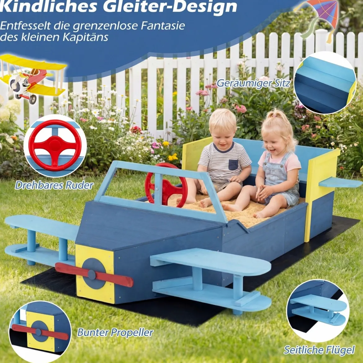 Sandkasten Kinder Segelflugzeug Sandkasten Holz mit Drehbarem Steuerrad Buntem Propeller