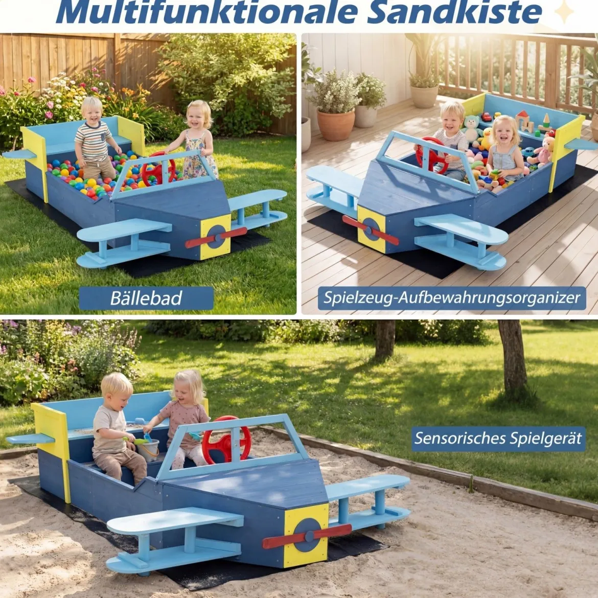 Sandkasten Kinder Segelflugzeug Sandkasten Holz mit Drehbarem Steuerrad Buntem Propeller