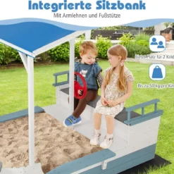Sandkasten mit Dach Holz Piratenschiff Sandkasten mit Flaggenmast & Steuerrad & Sitzbank