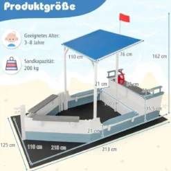 Sandkasten mit Dach Holz Piratenschiff Sandkasten mit Flaggenmast & Steuerrad & Sitzbank