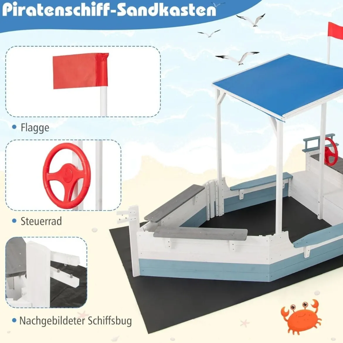 Sandkasten mit Dach Holz Piratenschiff Sandkasten mit Flaggenmast & Steuerrad & Sitzbank