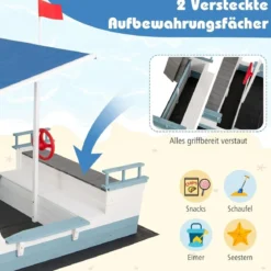 Sandkasten mit Dach Holz Piratenschiff Sandkasten mit Flaggenmast & Steuerrad & Sitzbank