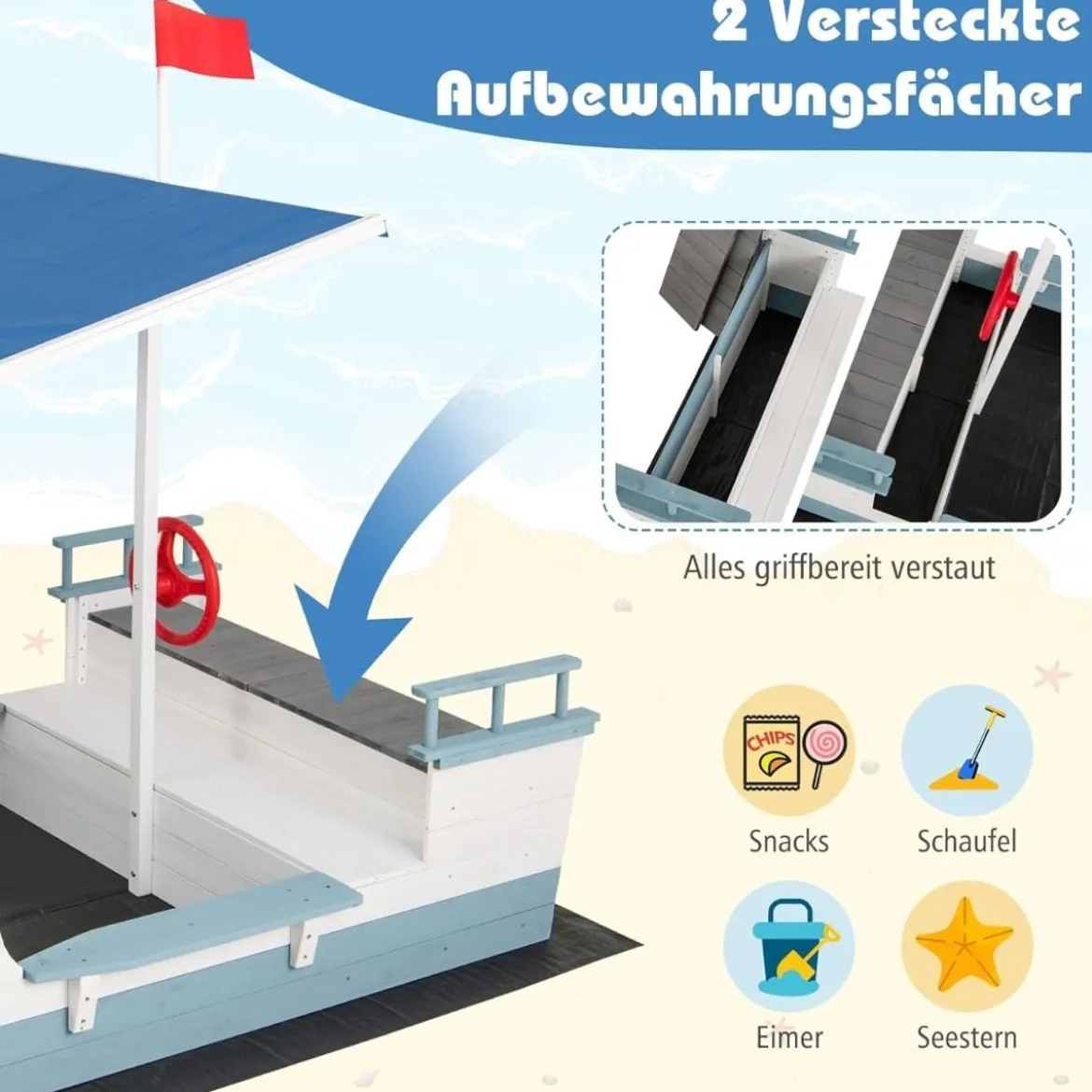 Sandkasten mit Dach Holz Piratenschiff Sandkasten mit Flaggenmast & Steuerrad & Sitzbank