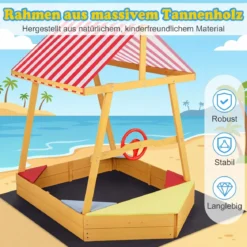 Sandkasten mit Dach Schiff Holzsandkasten mit Steuerrad 4 Ecksitzen & Bodenplane 103 x 135 x 140 cm