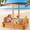 Sandkasten mit Dach 120 x 120 cm Sandkiste aus Zedernholz Sandbox groß mit 2 umwandelbaren Sitzbänken Natur