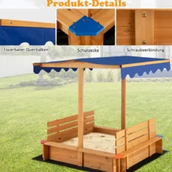 Sandkasten mit Dach 120 x 120 cm Sandkiste aus Zedernholz Sandbox groß mit 2 umwandelbaren Sitzbänken Natur