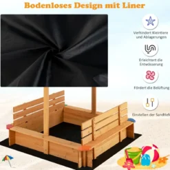 Sandkasten mit Dach 120 x 120 cm Sandkiste aus Zedernholz Sandbox groß mit 2 umwandelbaren Sitzbänken Natur