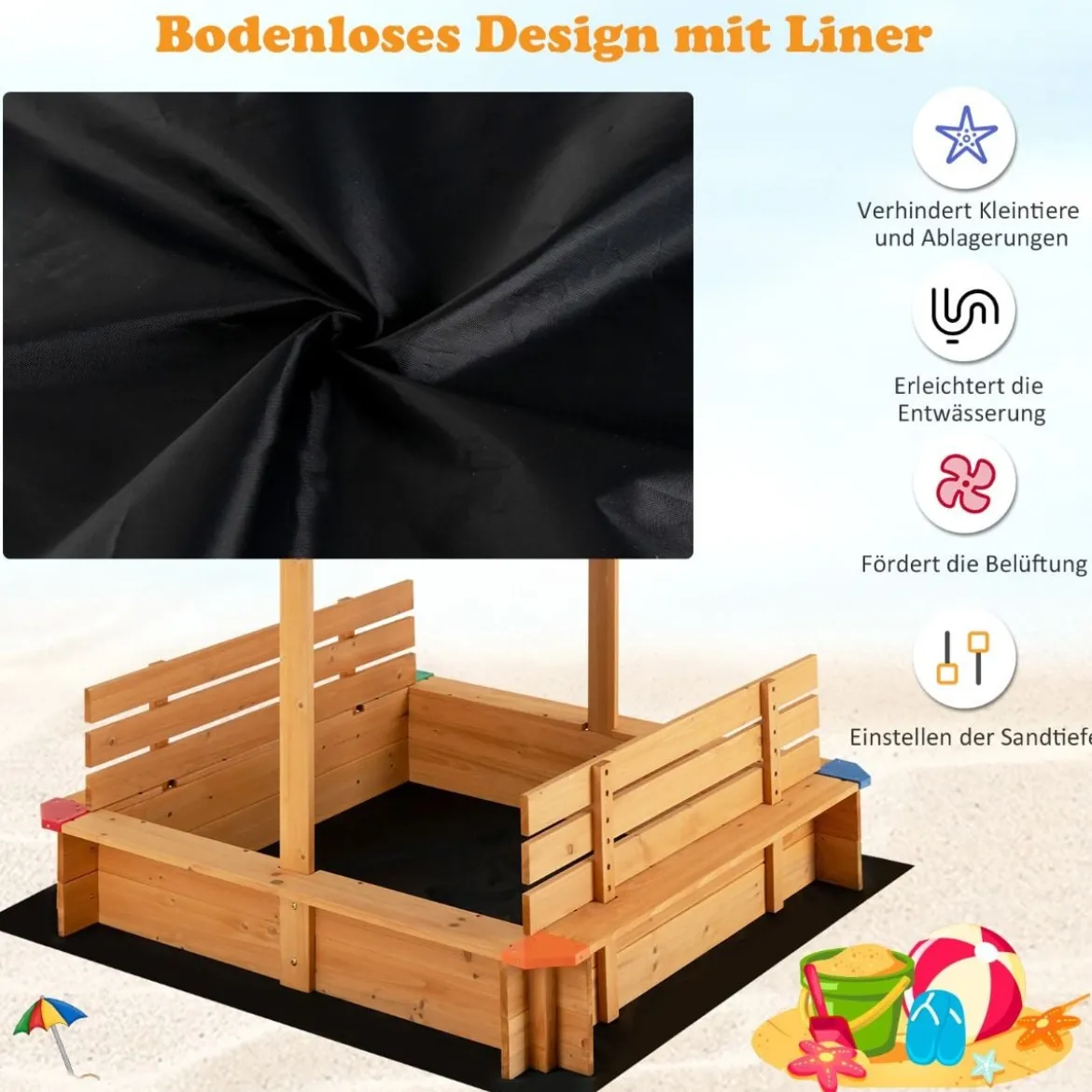 Sandkasten mit Dach 120 x 120 cm Sandkiste aus Zedernholz Sandbox groß mit 2 umwandelbaren Sitzbänken Natur