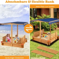 Sandkasten mit Dach 120 x 120 cm Sandkiste aus Zedernholz Sandbox groß mit 2 umwandelbaren Sitzbänken Natur