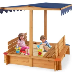 Sandkasten mit Dach 120 x 120 cm Sandkiste aus Zedernholz Sandbox groß mit 2 umwandelbaren Sitzbänken Natur