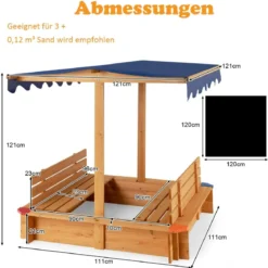 Sandkasten mit Dach 120 x 120 cm Sandkiste aus Zedernholz Sandbox groß mit 2 umwandelbaren Sitzbänken Natur