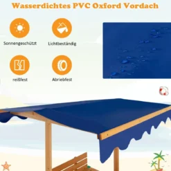 Sandkasten mit Dach 120 x 120 cm Sandkiste aus Zedernholz Sandbox groß mit 2 umwandelbaren Sitzbänken Natur