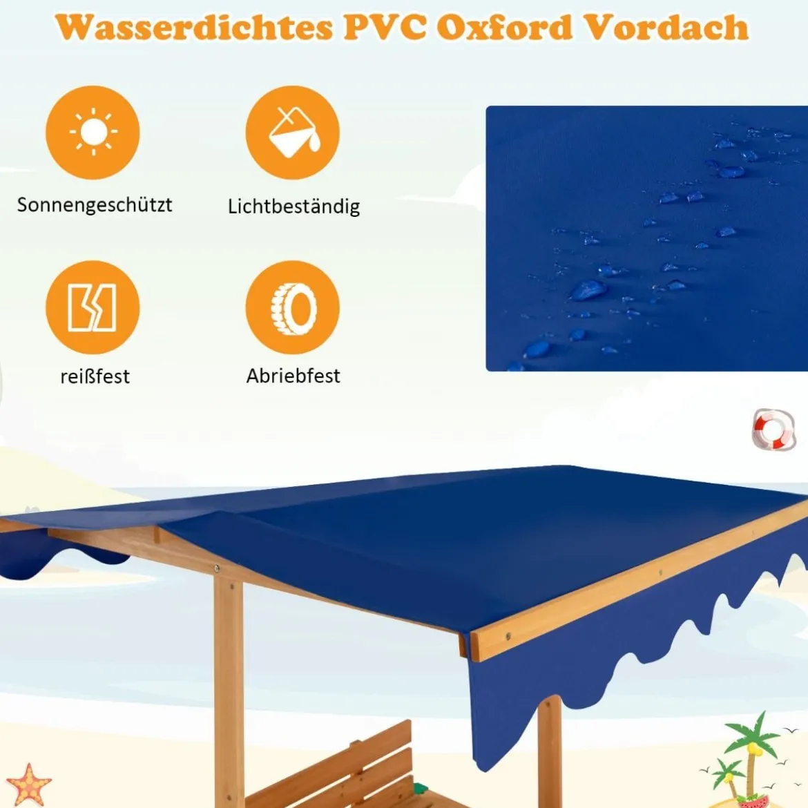 Sandkasten mit Dach 120 x 120 cm Sandkiste aus Zedernholz Sandbox groß mit 2 umwandelbaren Sitzbänken Natur