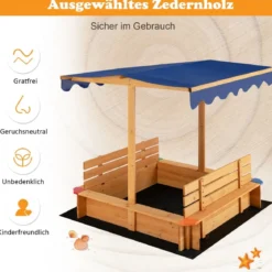 Sandkasten mit Dach 120 x 120 cm Sandkiste aus Zedernholz Sandbox groß mit 2 umwandelbaren Sitzbänken Natur