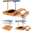Sandkasten mit Klappbarer Sitzbank & Picknicktisch 120 x 120 cm Sandbox mit Verstellbares Sonnendach Natur