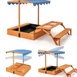Sandkasten mit Klappbarer Sitzbank & Picknicktisch 120 x 120 cm Sandbox mit Verstellbares Sonnendach Natur