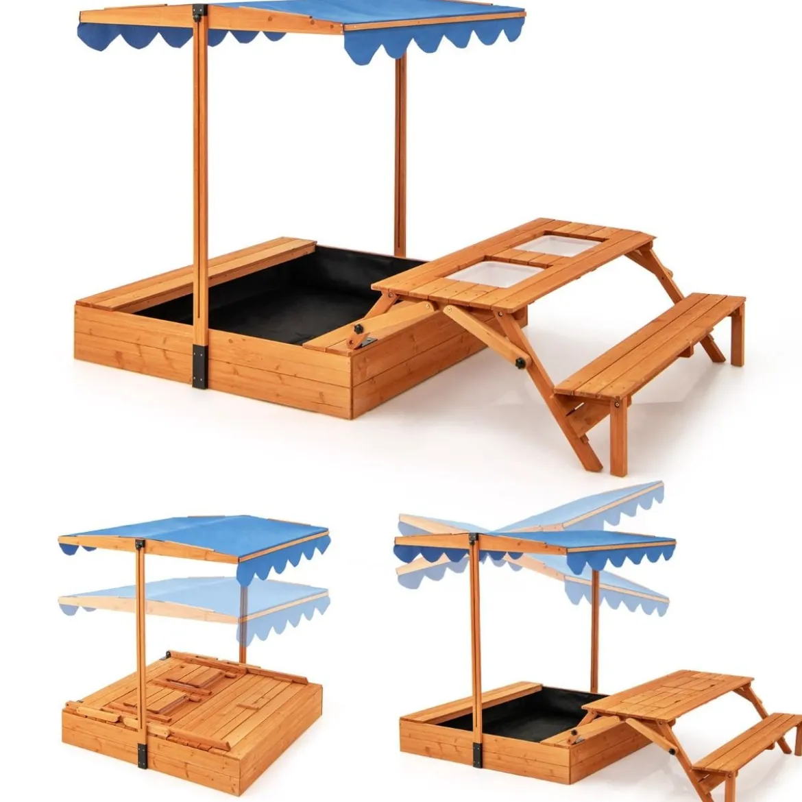 Sandkasten mit Klappbarer Sitzbank & Picknicktisch 120 x 120 cm Sandbox mit Verstellbares Sonnendach Natur