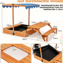 Sandkasten mit Klappbarer Sitzbank & Picknicktisch 120 x 120 cm Sandbox mit Verstellbares Sonnendach Natur