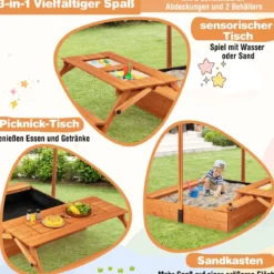 Sandkasten mit Klappbarer Sitzbank & Picknicktisch 120 x 120 cm Sandbox mit Verstellbares Sonnendach Natur
