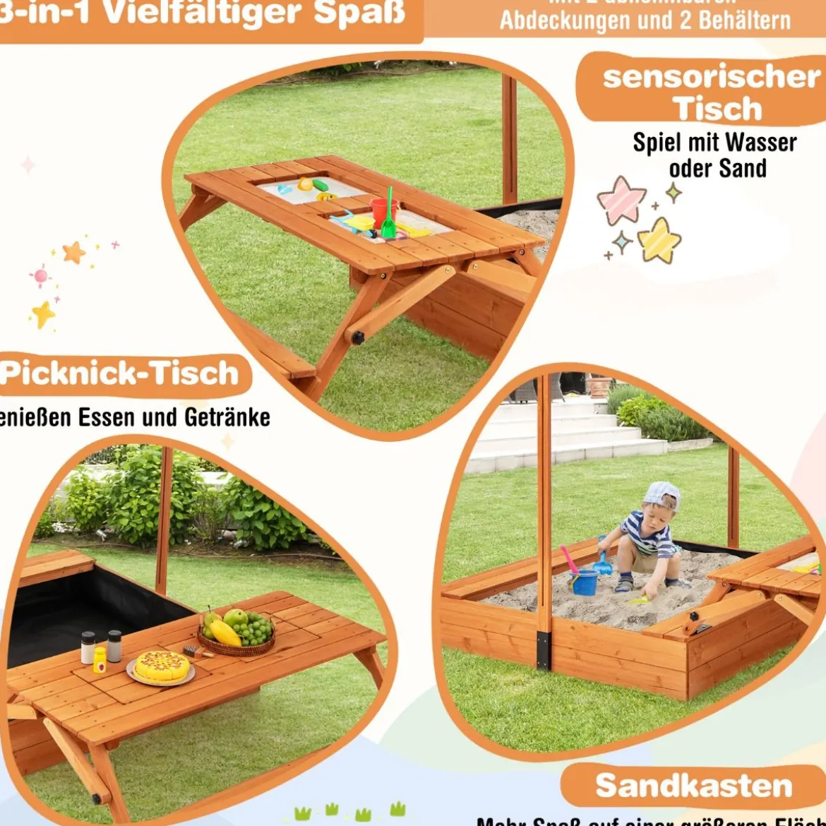Sandkasten mit Klappbarer Sitzbank & Picknicktisch 120 x 120 cm Sandbox mit Verstellbares Sonnendach Natur