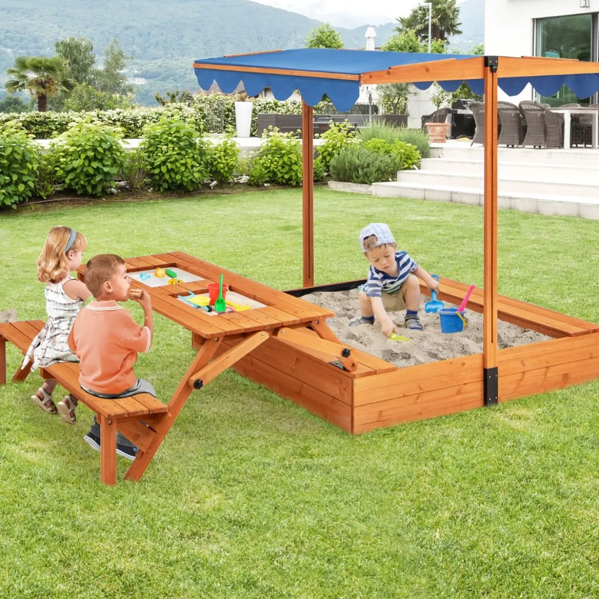 Sandkasten mit Klappbarer Sitzbank & Picknicktisch 120 x 120 cm Sandbox mit Verstellbares Sonnendach Natur