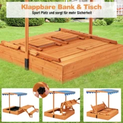 Sandkasten mit Klappbarer Sitzbank & Picknicktisch 120 x 120 cm Sandbox mit Verstellbares Sonnendach Natur