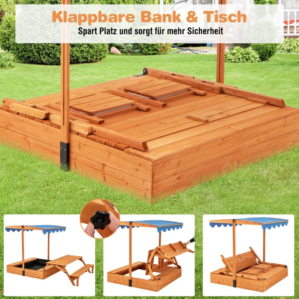 Sandkasten mit Klappbarer Sitzbank & Picknicktisch 120 x 120 cm Sandbox mit Verstellbares Sonnendach Natur